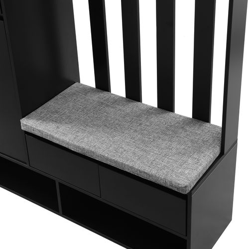 Meuble D'entrée 6-en-1 100x35x180 Cm En Mdf Noir, Banquette Rembourrée Et Panneau Modulable