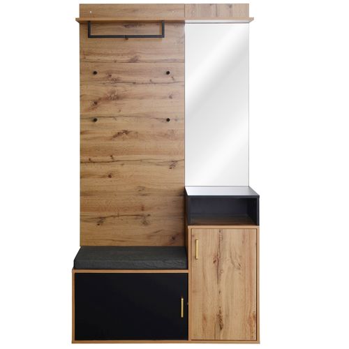 Ensemble Vestiaire 191,5x105x40 Cm Noir Et Bois – Miroir Intégré, Banc Et Rangement Chaussures