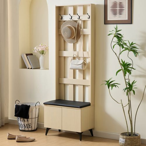 Garde-robe Moderne Avec Banc Et Crochets, Pieds En Acier Noir, Design Élégant Et Rangement Pratique