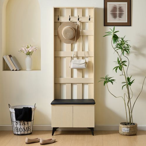 Garde-robe Moderne Avec Banc Et Crochets, Pieds En Acier Noir, Design Élégant Et Rangement Pratique