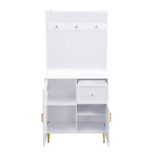 Colonne D'entrée 80x175,5x35 Cm, Mdf Blanc, Pieds Dorés, Portes Amorties Et Tablettes Réglables