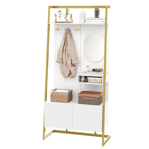 Meuble D'entrée Multifonction Blanc 2 Portes Avec Miroir, Crochets Métalliques