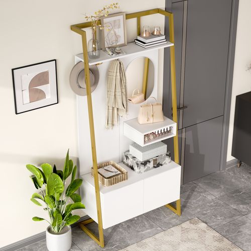 Meuble D'entrée Multifonction Blanc 2 Portes Avec Miroir, Crochets Métalliques