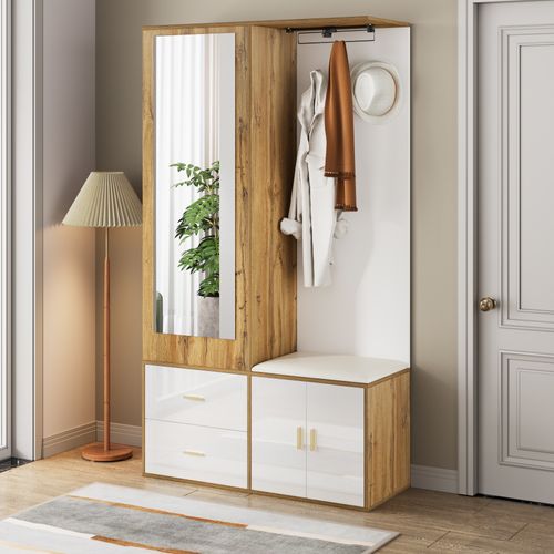 Ensemble D'entrée Blanc Et Bois Naturel Avec Miroir, Banc à Chaussures Et Rangement Multifonction
