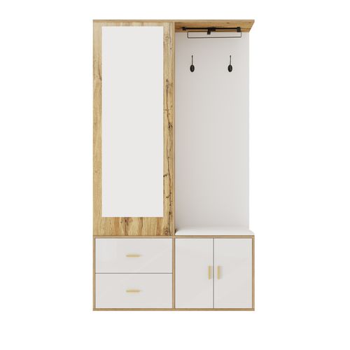 Ensemble D'entrée Blanc Et Bois Naturel Avec Miroir, Banc à Chaussures Et Rangement Multifonction