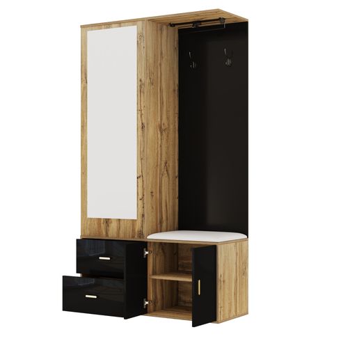 Vestiaire D'entrée Noir Et Naturel Avec Miroir, Banc Rembourré, Étagères à Chaussures Et Penderie