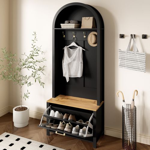 Armoire D'entrée 195x75x35 Cm Mdf Noir Et Bois - Étagère, Porte-chaussures Et Crochets