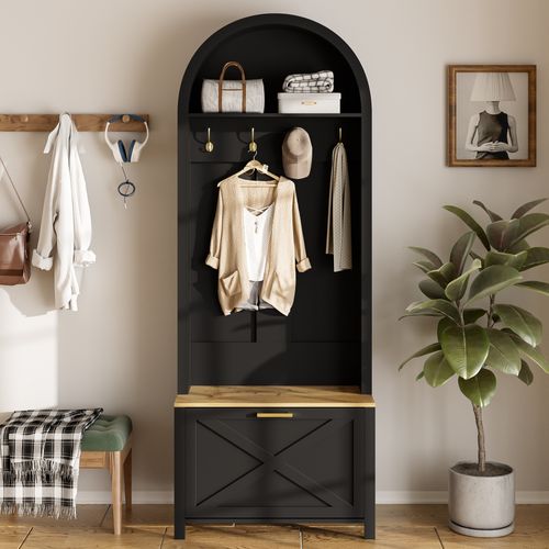 Armoire D'entrée 195x75x35 Cm Mdf Noir Et Bois - Étagère, Porte-chaussures Et Crochets