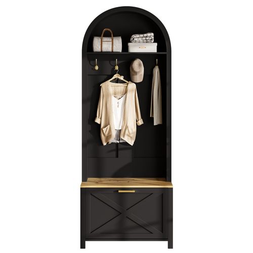 Armoire D'entrée 195x75x35 Cm Mdf Noir Et Bois - Étagère, Porte-chaussures Et Crochets