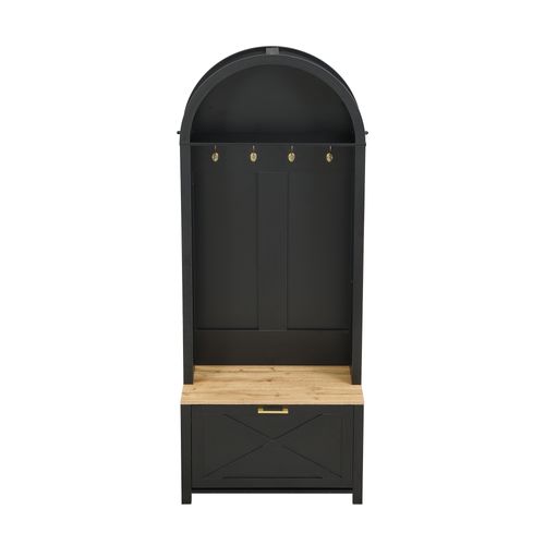Armoire D'entrée 195x75x35 Cm Mdf Noir Et Bois - Étagère, Porte-chaussures Et Crochets