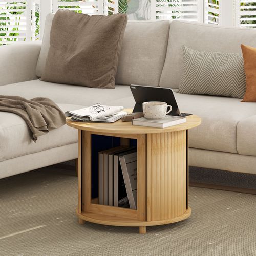 Table Basse Ronde 60 X 45 Cm En Bambou Naturel, Rangement Discret à Porte Coulissante