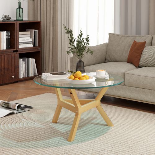 Table Basse Ronde 80 X 45 Cm En Verre Trempé Transparent, Pieds Effet Bois Et Cadre Acier