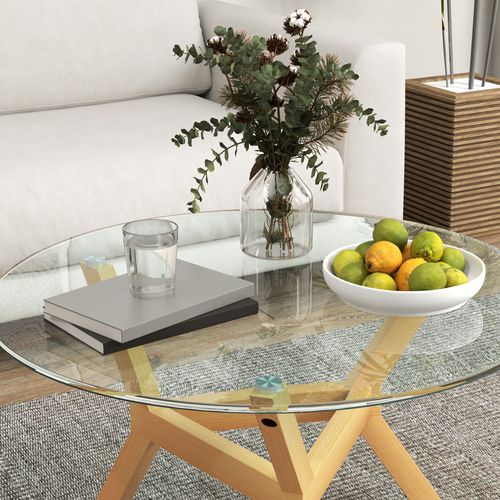 Table Basse Ronde 80 X 45 Cm En Verre Trempé Transparent, Pieds Effet Bois Et Cadre Acier
