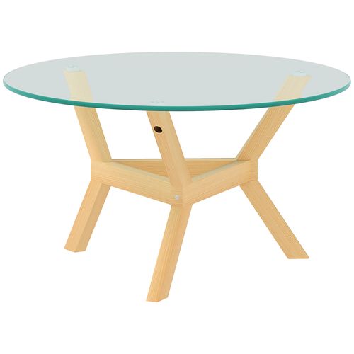 Table Basse Ronde 80 X 45 Cm En Verre Trempé Transparent, Pieds Effet Bois Et Cadre Acier