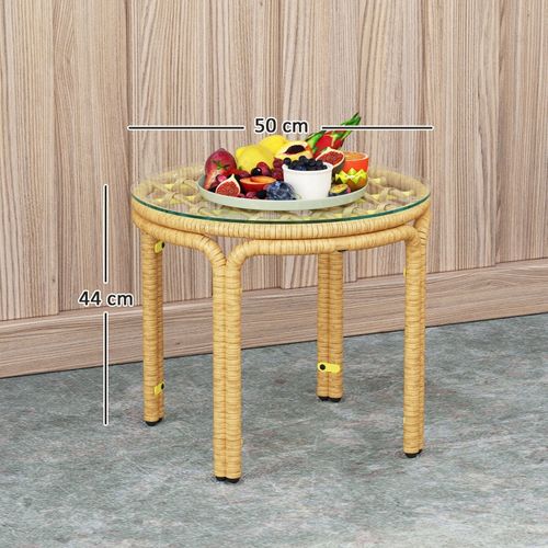 Table D'appoint Ronde En Rotin Pe Jaune 50 Cm Avec Plateau Verre Trempé Et Structure Acier
