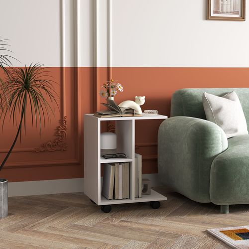 Table D'appoint En C 45x35x58 Cm Blanche, Table Basse Mobile à Roulettes Avec Rangements