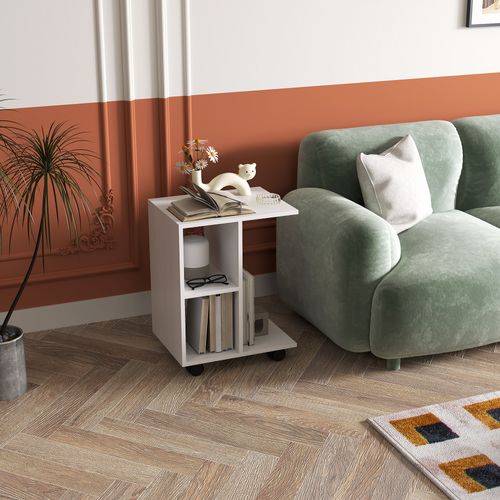 Table D'appoint En C 45x35x58 Cm Blanche, Table Basse Mobile à Roulettes Avec Rangements