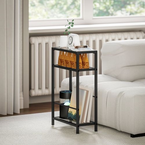 Table D'appoint 3 Niveaux 40x18x62 Cm En Verre Trempé Noir, Cadre Acier Peint Époxy, Gain De Place