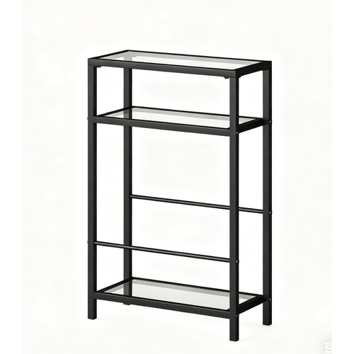 Table D'appoint 3 Niveaux 40x18x62 Cm En Verre Trempé Noir, Cadre Acier Peint Époxy, Gain De Place