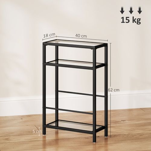 Table D'appoint 3 Niveaux 40x18x62 Cm En Verre Trempé Noir, Cadre Acier Peint Époxy, Gain De Place