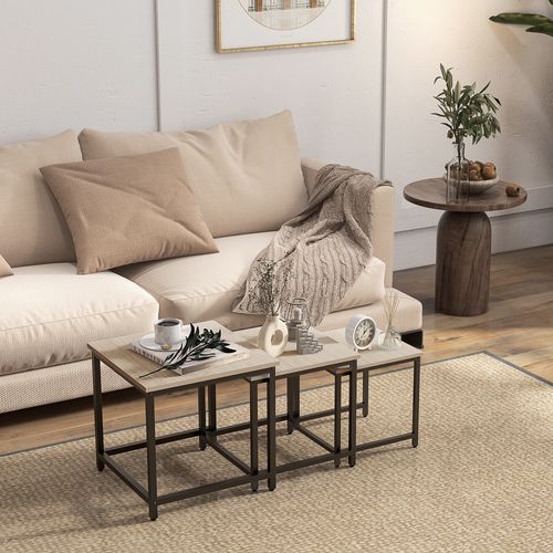 Set 3 Tables Gigognes 45x45x44 / 40x40x39,5 / 34x34x34,5 Cm, Plateau Bois Naturel, Pieds Acier