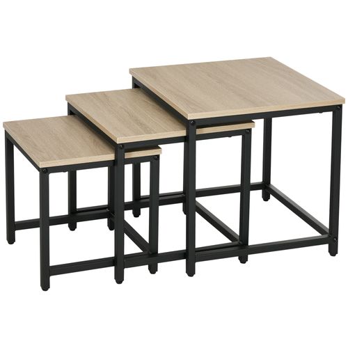 Set 3 Tables Gigognes 45x45x44 / 40x40x39,5 / 34x34x34,5 Cm, Plateau Bois Naturel, Pieds Acier