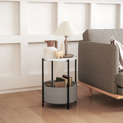 Table D'appoint 44 X 44 X 56 Cm Blanche Avec Panier En Tissu, Étagère, Cadre Métal Et Contreplaqué