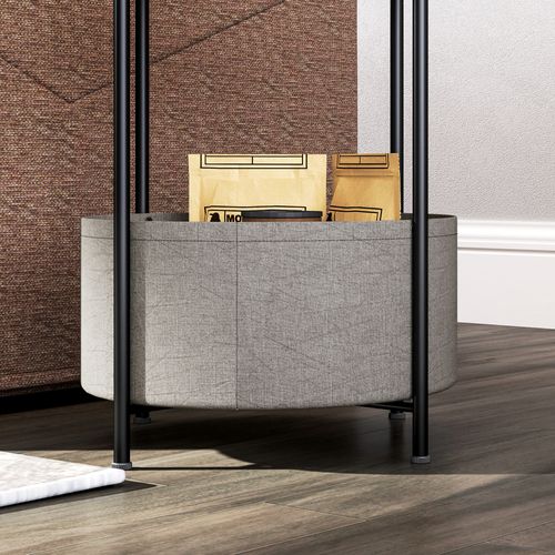 Table D'appoint 44 X 44 X 56 Cm Blanche Avec Panier En Tissu, Étagère, Cadre Métal Et Contreplaqué