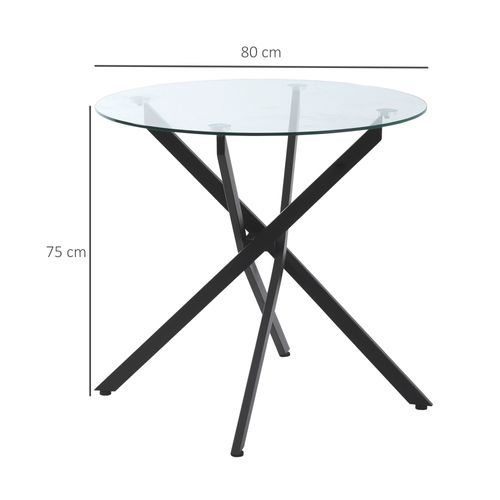 Table Basse Ronde 80x80x75 Cm En Verre Trempé Et Cadre Acier Noir, Design Moderne Et Stable