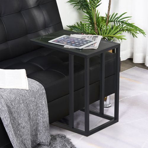 Table D'appoint C 45 X 30 X 51,5 Cm, Plateau Effet Marbre Clair, Piètement Métal Noir
