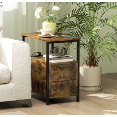 Table D'appoint Marron 55x35x58,5 Cm Avec Station De Charge Cachée, 2 Tiroirs Et USB/type‑c