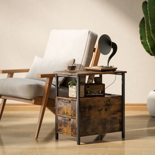 Table D'appoint Marron 55x35x58,5 Cm Avec Station De Charge Cachée, 2 Tiroirs Et USB/type‑c