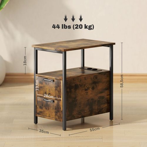 Table D'appoint Marron 55x35x58,5 Cm Avec Station De Charge Cachée, 2 Tiroirs Et USB/type‑c