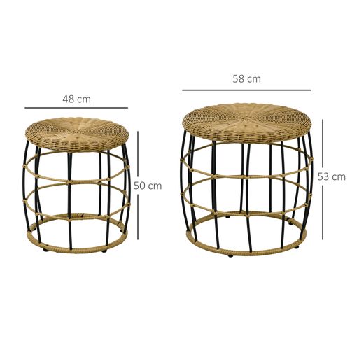 Set De 2 Tables D'appoint Extérieures Kaki En Rattan Synthétique, Acier, Empilables 58/48 Cm
