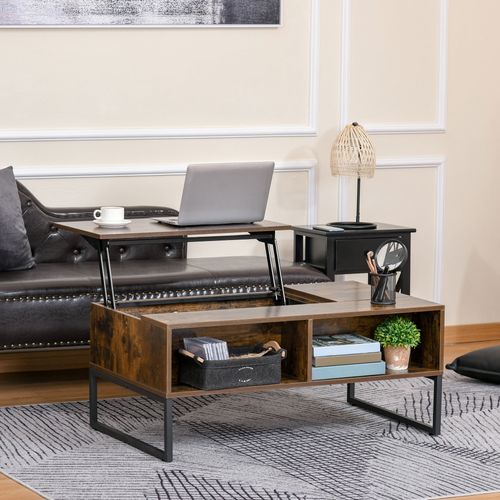 Table Basse 100x60 Cm En Bois Marron, Plateau Relevable 40-66 Cm Avec Coffre Et Tiroir