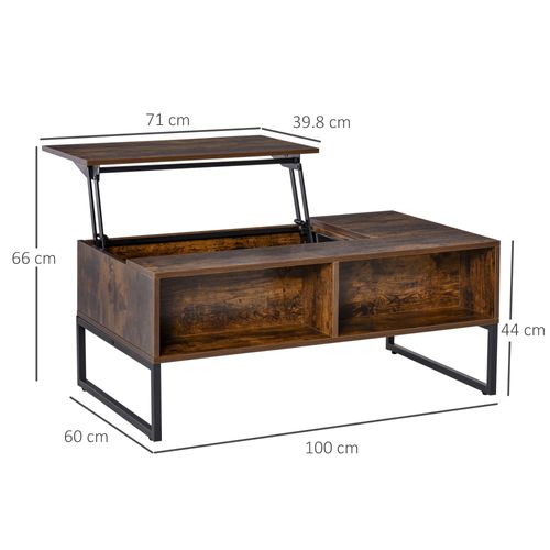 Table Basse 100x60 Cm En Bois Marron, Plateau Relevable 40-66 Cm Avec Coffre Et Tiroir