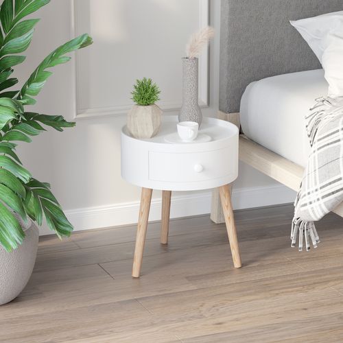 Table D'appoint Ronde 38x38x45 Cm Blanche En Bois, Tiroir Discret Et Style Scandinave Intemporel