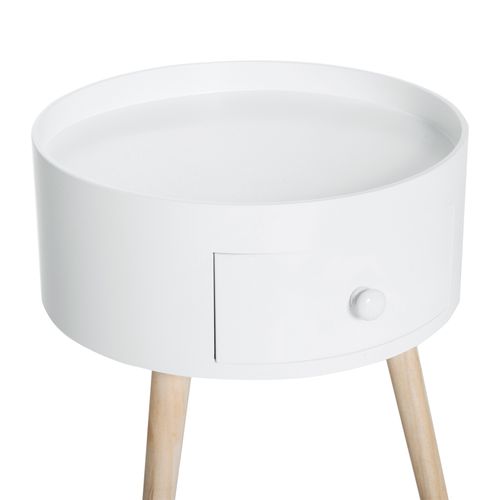 Table D'appoint Ronde 38x38x45 Cm Blanche En Bois, Tiroir Discret Et Style Scandinave Intemporel