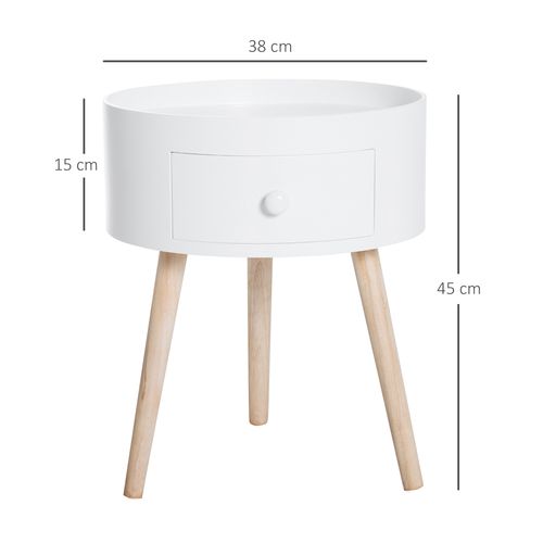 Table D'appoint Ronde 38x38x45 Cm Blanche En Bois, Tiroir Discret Et Style Scandinave Intemporel
