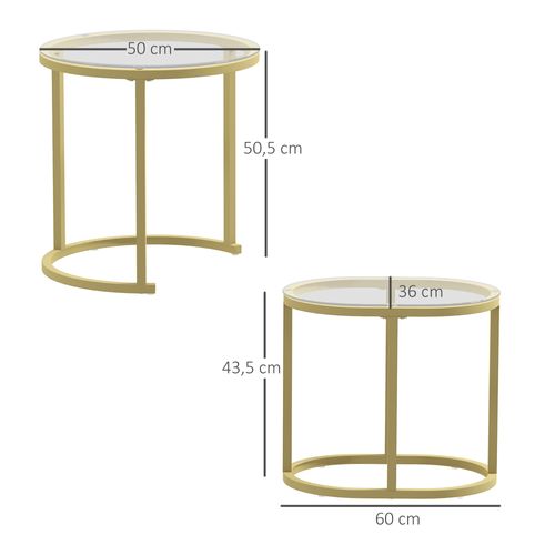 Set De 2 Tables Basses Empilables En Acier Doré, Plateaux Verre Trempé 50x50,5h Et 60x36x43,5h