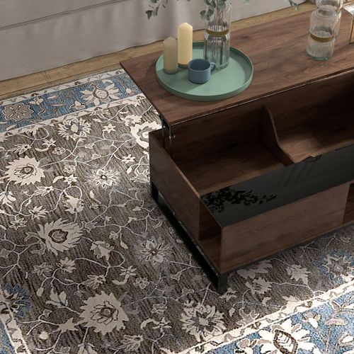 Table Basse Relevable 102x58x35,5 Cm En Noyer Et Acier Noir, Plateau Relevable Avec Rangement