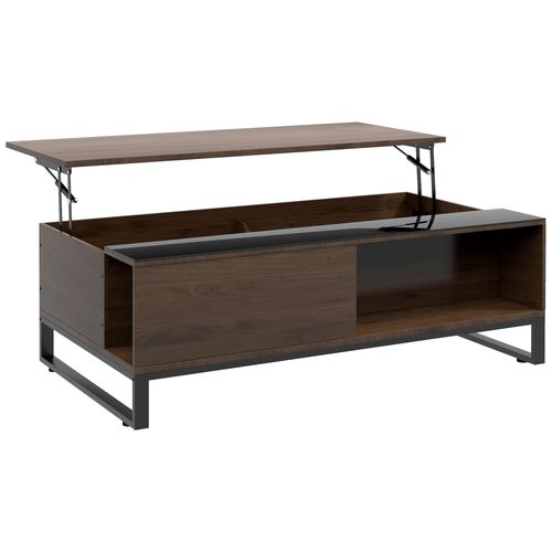 Table Basse Relevable 102x58x35,5 Cm En Noyer Et Acier Noir, Plateau Relevable Avec Rangement