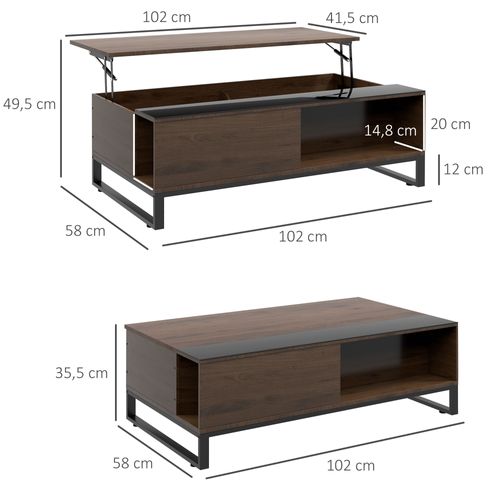 Table Basse Relevable 102x58x35,5 Cm En Noyer Et Acier Noir, Plateau Relevable Avec Rangement