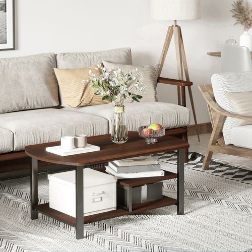 Table Basse 3 Niveaux 100x60x46 Cm Rétro Bois Brun Avec Cadre Acier Noir Et Plateau Mélaminé