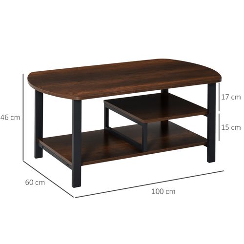 Table Basse 3 Niveaux 100x60x46 Cm Rétro Bois Brun Avec Cadre Acier Noir Et Plateau Mélaminé