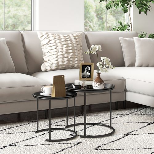 Set De 2 Tables D'appoint Rondes 43/35 Cm En Acier Noir, Plateaux Amovibles Et Empilables