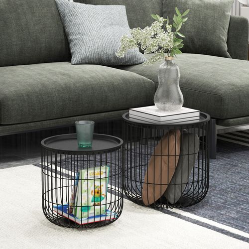 Set De 2 Tables Basses Rondes 40x40h Et 35x35h En Acier Noir, Style Scandinave Empilables