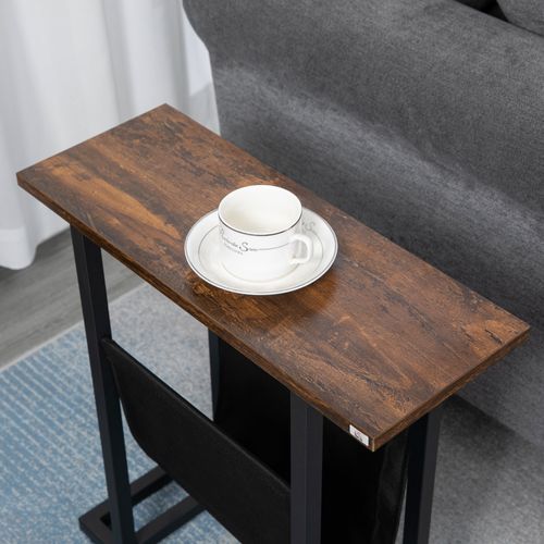 Table D'appoint Compacte 49x19x55 Cm, Plateau Brun Foncé, Cadre Acier Noir Et Pochette En Oxford