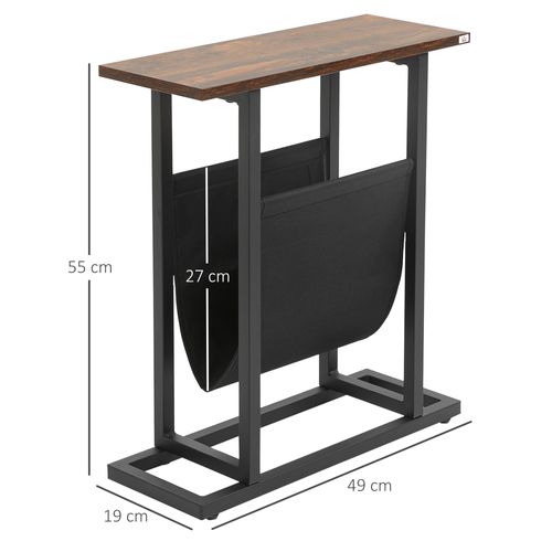 Table D'appoint Compacte 49x19x55 Cm, Plateau Brun Foncé, Cadre Acier Noir Et Pochette En Oxford