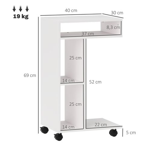 Table D'appoint En C 40 X 30 X 69 Cm Blanche, 3 Espaces De Rangement, Roulettes Freinables